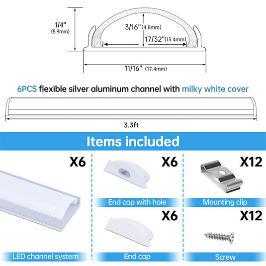 Muzata 3.3FT Flexible Silver LED Aluminum Channel with Milky White LED Cover Lens U106 WW