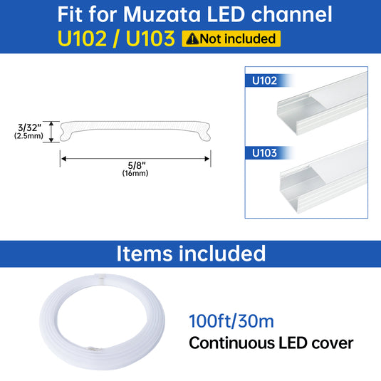 Muzata Continuous Milky White LED Cover Lens Frosted Tape Light Seamless for U102 U103 U Shape Aluminum LED Channel, LC22 WW