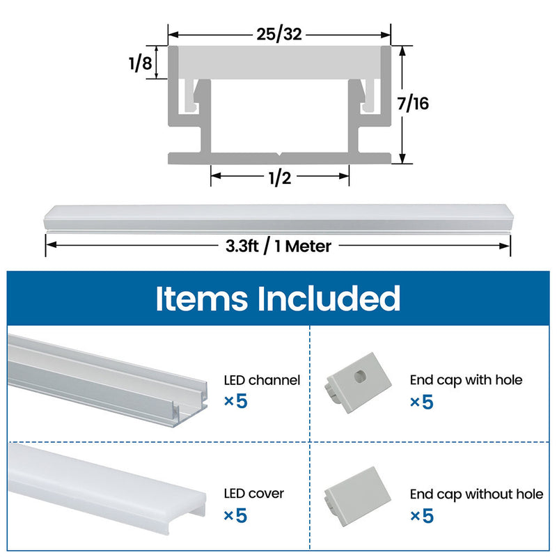 Load image into Gallery viewer, Muzata 5Pack 3.3Ft/1Meter Silver Ground Recessed Lighting LED Channel U Shape Aluminum Waterproof with Diffuser U125