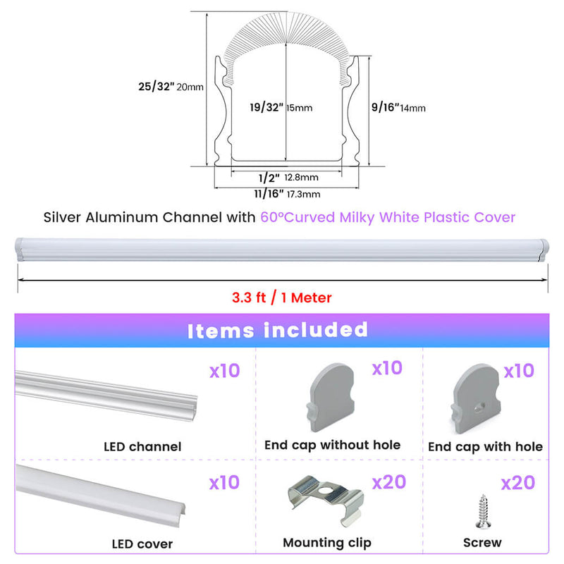 Load image into Gallery viewer, Muzata 17x20mm Spotless LED Aluminum U Channel with 60° Curved Thicker Milky White Neon Effect Cover Diffuser U108 WW