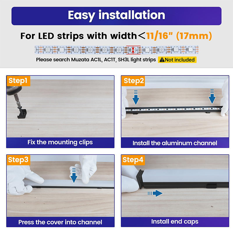 Load image into Gallery viewer, Muzata 5Pack 3.3FT/1M Spotless Black LED Channel with Frosted Diffuser Cover 17mm Super Wide Aluminum Profile Track U116 BW