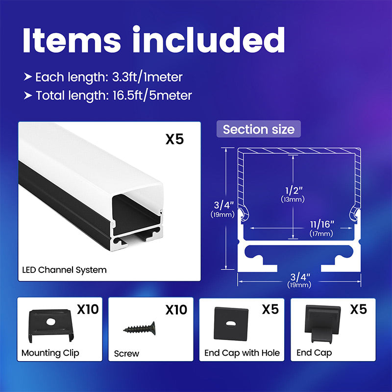 Load image into Gallery viewer, Muzata 5Pack 3.3FT/1M Spotless Black LED Channel with Frosted Diffuser Cover 17mm Super Wide Aluminum Profile Track U116 BW