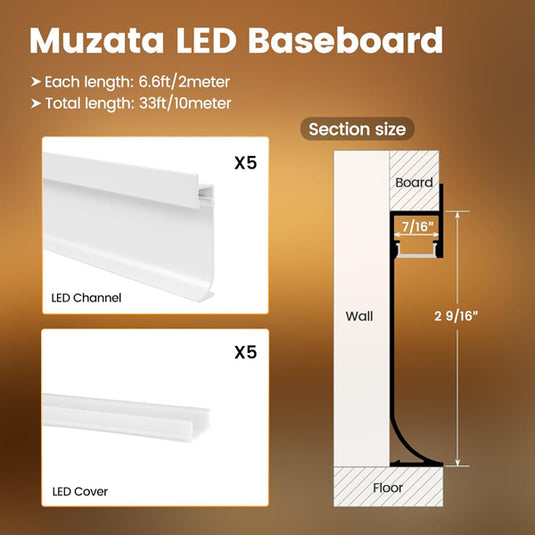 Muzata 5pack Spotless Effect Floor Recessed Baseboard LED Lighting Aluminum Channel System U129