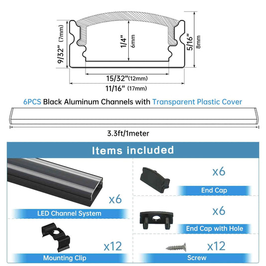 Muzata Black Aluminum LED Channel System with Crystal Transparent Clear Cover Lens for Strip Tape Light U1SW BT LU1