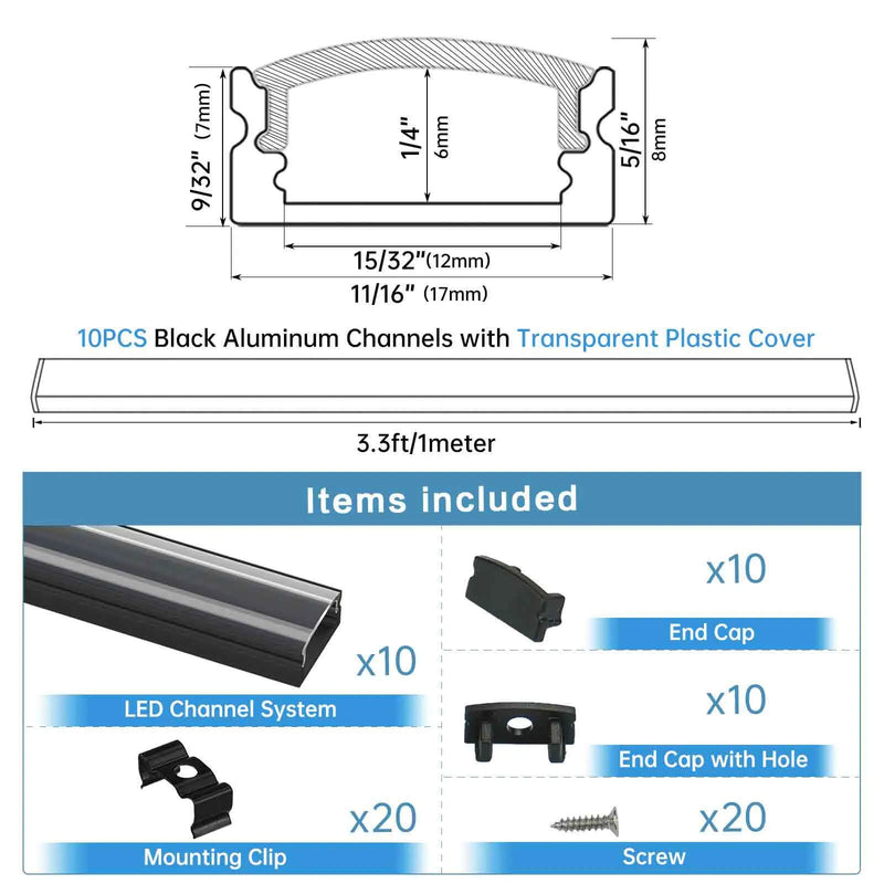 Load image into Gallery viewer, Muzata Black Aluminum LED Channel System with Crystal Transparent Clear Cover Lens for Strip Tape Light U1SW BT LU1
