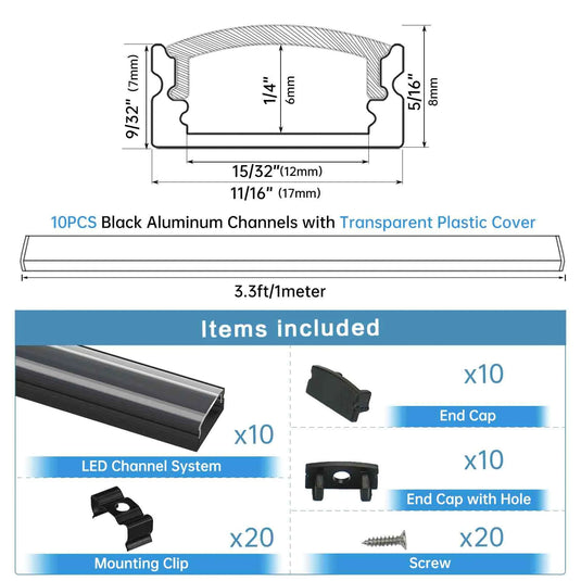 Muzata Black Aluminum LED Channel System with Crystal Transparent Clear Cover Lens for Strip Tape Light U1SW BT LU1