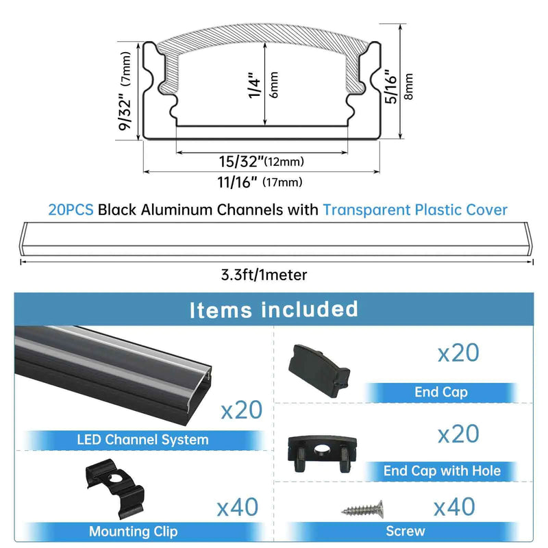 Load image into Gallery viewer, Muzata Black Aluminum LED Channel System with Crystal Transparent Clear Cover Lens for Strip Tape Light U1SW BT LU1