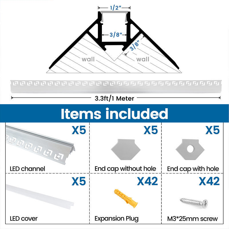 Load image into Gallery viewer, Muzata 5Pack 3.3FT/1Meter Silver Aluminum Drywall LED Strip Channel for Plasterboards Wall Lighting Decor U126