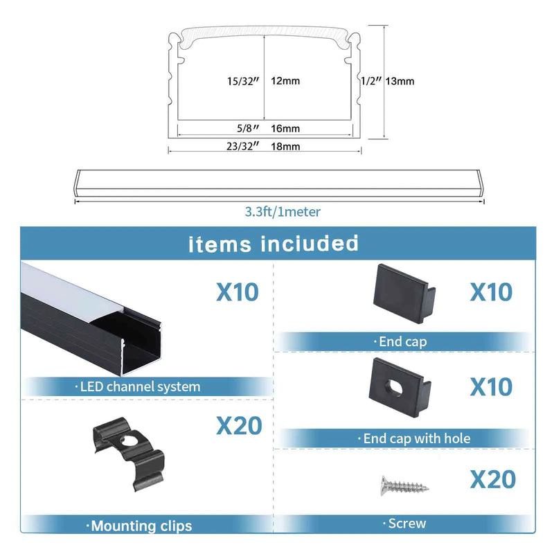 Load image into Gallery viewer, Muzata 3.3FT/1M Plus-Size Black LED Strip Channel 18x13mm Milky Frosted White Diffuser Cover U103 BW