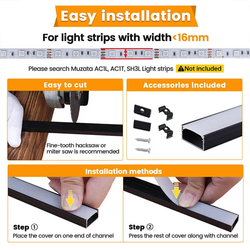 Load image into Gallery viewer, Muzata Black Wide Aluminum LED Channel with Milky White LED Strip Cover for Waterproof Strip Light, U102 BW