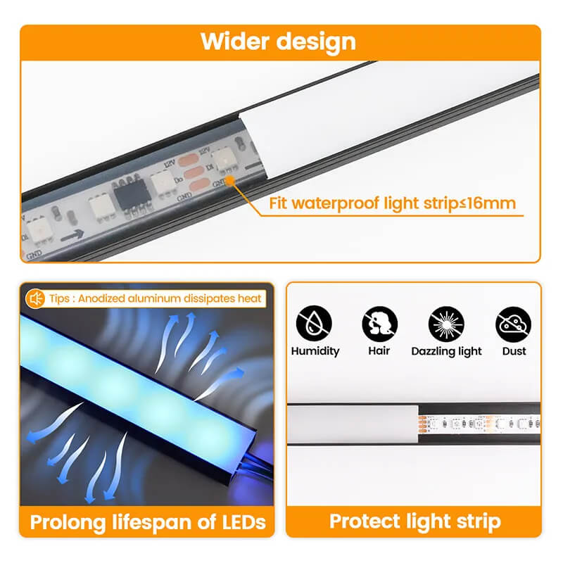 Load image into Gallery viewer, Muzata Black Wide Aluminum LED Channel with Milky White LED Strip Cover for Waterproof Strip Light, U102 BW