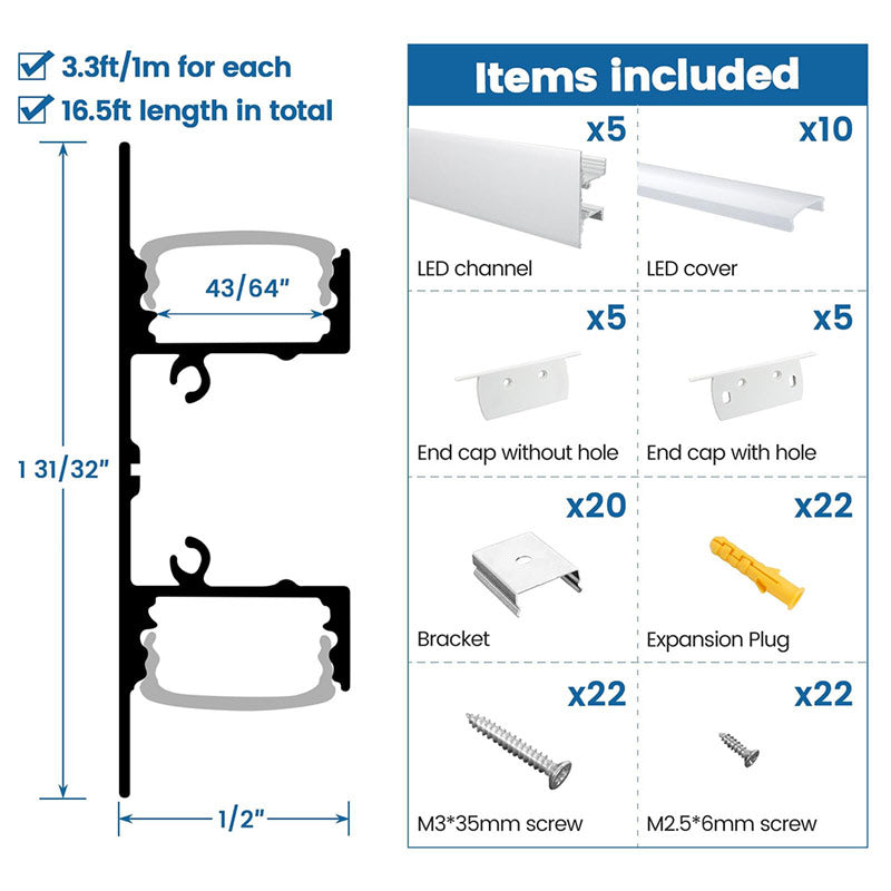Load image into Gallery viewer, Muzata 5Pack 3.3ft/1Meter Wall Mount LED Light Aluminum Channel Silver with Milky White Cover U124