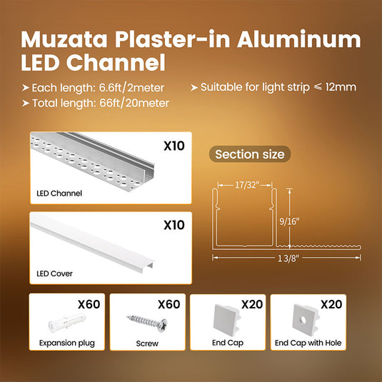 Muzata 10Pack Mud-in LED Drywall Channel with Milky White Cover, Single Edge Trimless Recessed for Ceiling Trim U132 WW