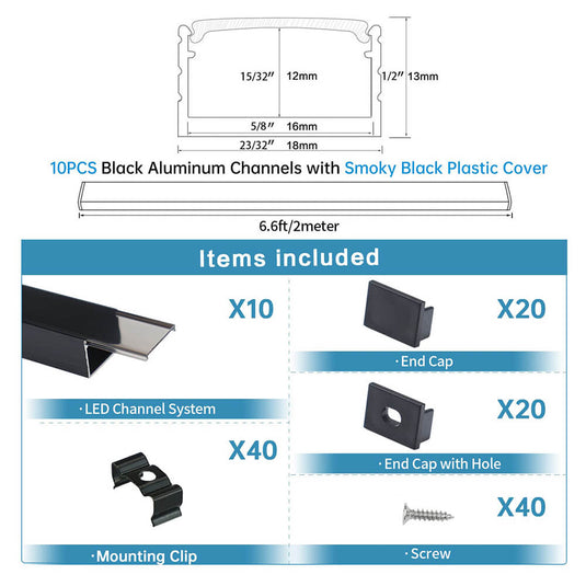 Muzata 10 Pack 6.6FT/2M Plus-Size LED Channel 18x13mm with Diffuser Cover U103