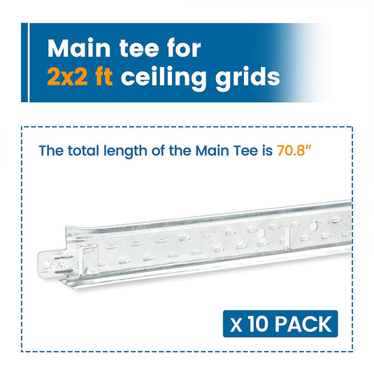 Muzata 10Pack White T-Bar Galvanized Steel Main Tee Drop Ceiling Kit for 2x2 Ceiling Grid System 70.86” x 1.25” x 0.94” TT00