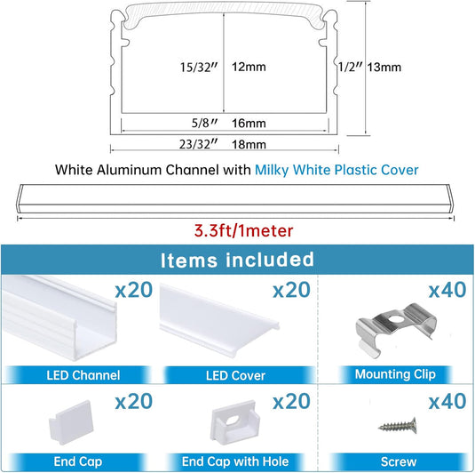 Muzata 3.3FT/1M U-Shape Spotless White LED Channel with Frosted Milky White Diffuser Cover U103 HW