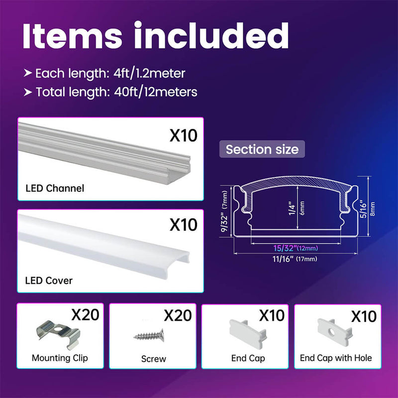 Load image into Gallery viewer, Muzata 10 Pack 4FT/1.2M 8x17mm U Shape LED Aluminum Channel System with Cover, End Caps and Mounting Clips U1SW WW
