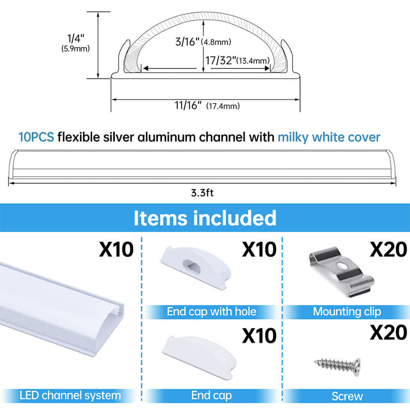 Load image into Gallery viewer, Muzata 3.3FT Flexible Silver LED Aluminum Channel with Milky White LED Cover Lens U106 WW
