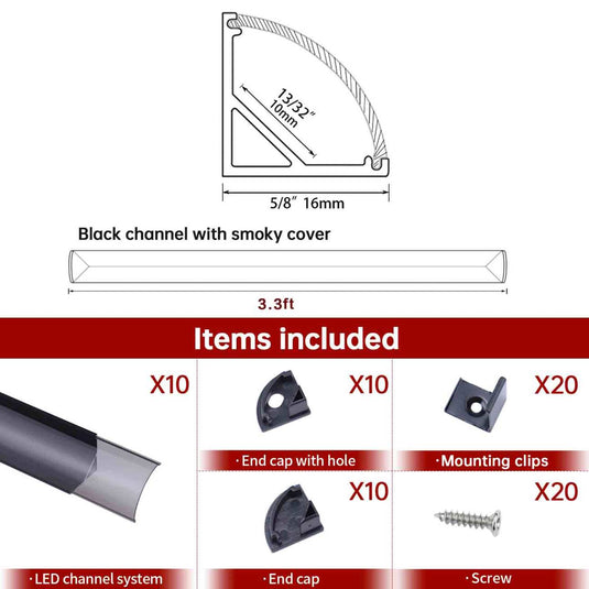 Muzata V-Shape Black LED Channel System with Smoky Black Cover Lens V1SW BB