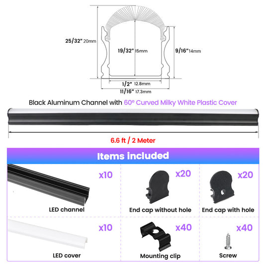 Muzata 3.3Ft U Shape Spotless Black LED Aluminum Channel with 60° Curved Thicker Milky White Cover Diffuser U108 BW