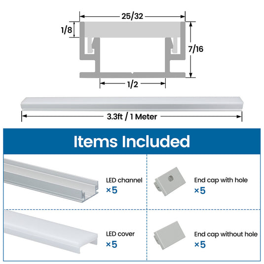 Muzata 5Pack 3.3Ft/1Meter Silver Ground Recessed Lighting LED Channel U Shape Aluminum Waterproof with Diffuser U125