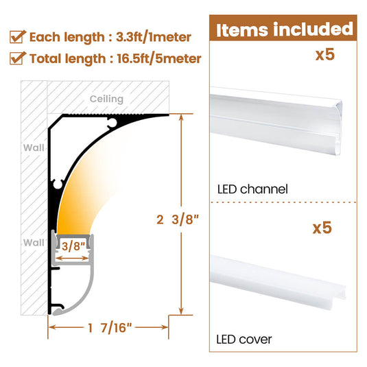 Muzata 5Pack 3.3FT/1M Aluminum LED Channel Crown Moulding Trim with Milky White Spotless LED Diffuser U131 WW