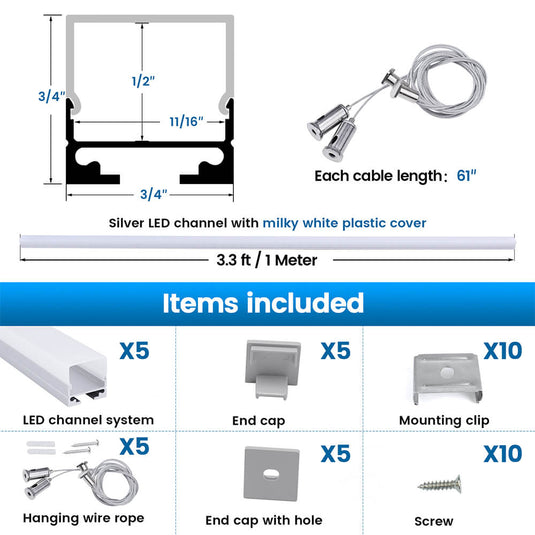 Muzata 3.3FT/1M LED Strip Channel with Hanging Wire, Spotless Frosted Diffuser Cover U116 WW