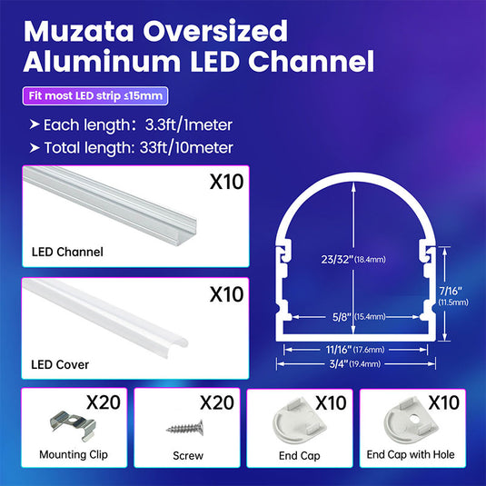 Muzata 3.3ft/1Meter Spotless LED U-Channel Aluminum System with White Thin Curved Cover Diffuser Fit Under Cabinet U109