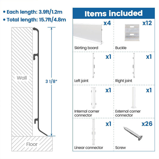 Muzata 4Pack White Aluminum Baseboard Trim, 3.15 Inch*3.94 Feet Baseboard Molding Skirting Board Cover Trim For Wall Decor SB01