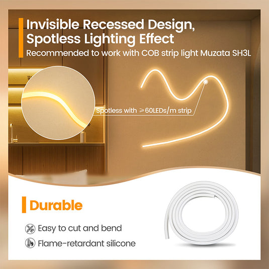 Muzata 16.5ft/5M Plus-size Spotless Silicone LED Channel System 20x20mm with Flange Recessed Flexible Tube with Milky White Cover (LED Strip Lights No Need to Pass Through LED Channel) USC6 WW