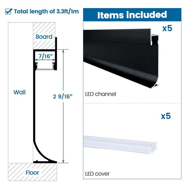 Load image into Gallery viewer, Muzata 5pack 3.3ft/1Meter Spotless Effect Floor Recessed Baseboard LED Lighting Aluminum Channel System U129
