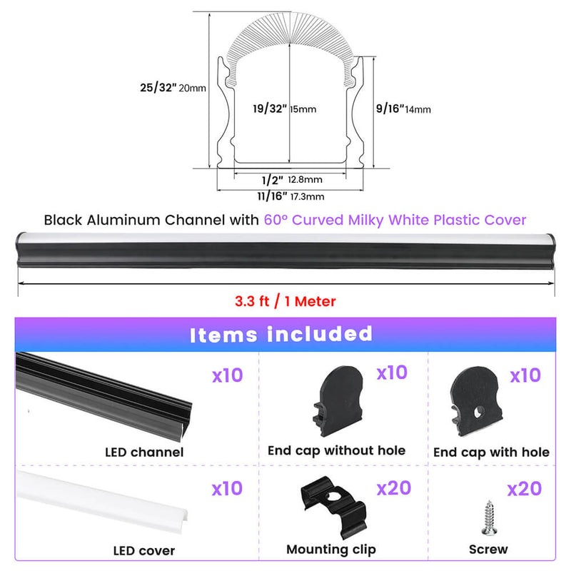 Load image into Gallery viewer, Muzata 3.3Ft U Shape Spotless Black LED Aluminum Channel with 60° Curved Thicker Milky White Cover Diffuser U108 BW
