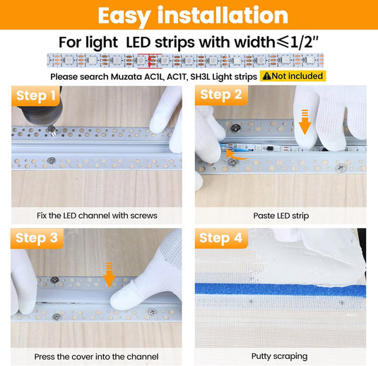 Muzata Trimless Mud in LED Channel System, Gypsum Drywall Aluminum Profile Plasterboards, Recessed Housing Track U117 WW