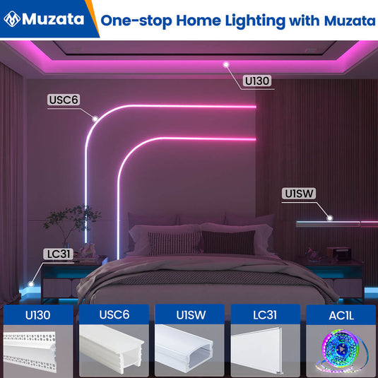 Muzata 16.4ft/5Meter Recessed Linear Lighting Silicone LED Channel Flexible Tube with Black Cover USC6