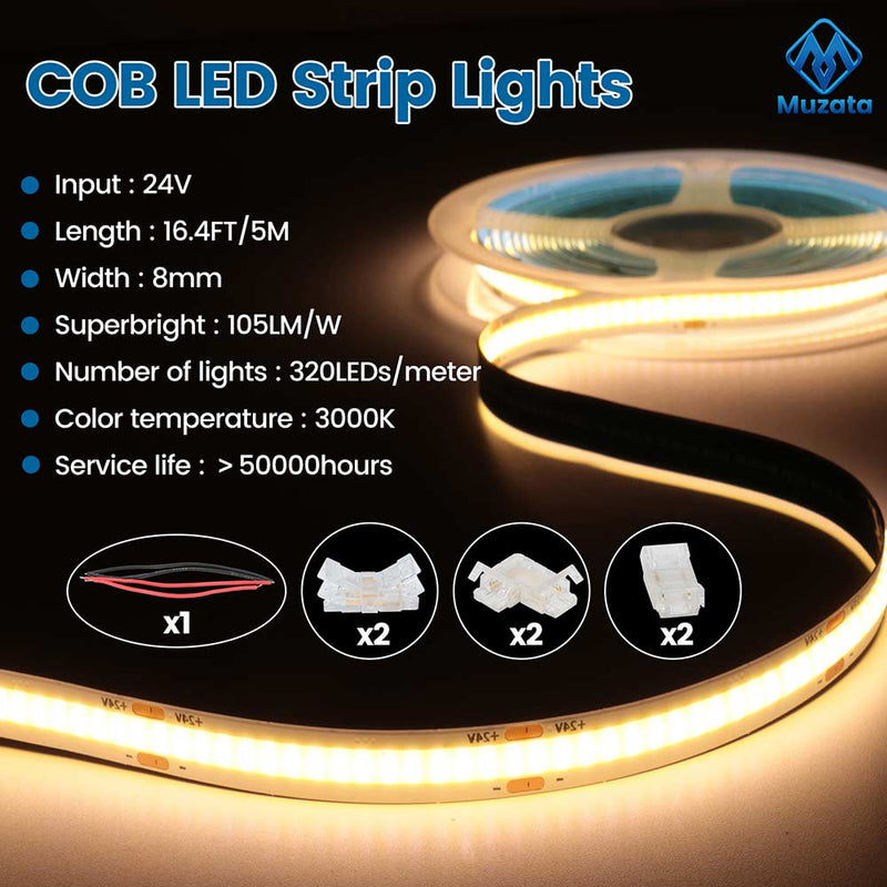 Load image into Gallery viewer, Muzata 16.4Ft COB LED Strip Lights 24VDC 3000K Warm White 320LED/M 9.6W/M High Density SH3L
