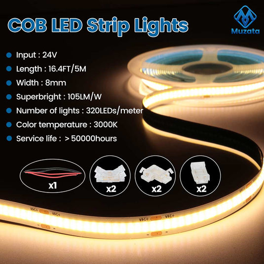 Muzata 16.4Ft COB LED Strip Lights 24VDC 3000K Warm White 320LED/M 9.6W/M High Density SH3L