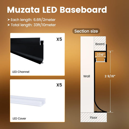 Muzata 5pack 3.3ft/1Meter Spotless Effect Floor Recessed Baseboard LED Lighting Aluminum Channel System U129