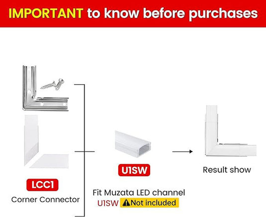 Muzata Led Channel 90 Degree Corner Connectors L-Shape Adaptor for U1SW U-Shape Aluminum Channel, 90 Degree LCC1 WW C1, LA1 LC1