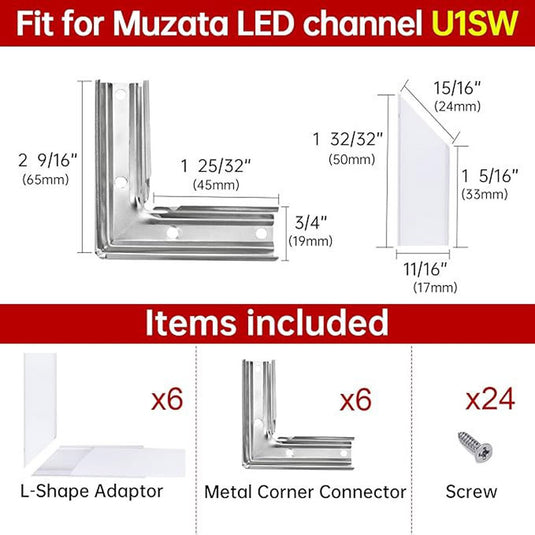 Muzata Led Channel 90 Degree Corner Connectors L-Shape Adaptor for U1SW U-Shape Aluminum Channel, 90 Degree LCC1 WW C1, LA1 LC1