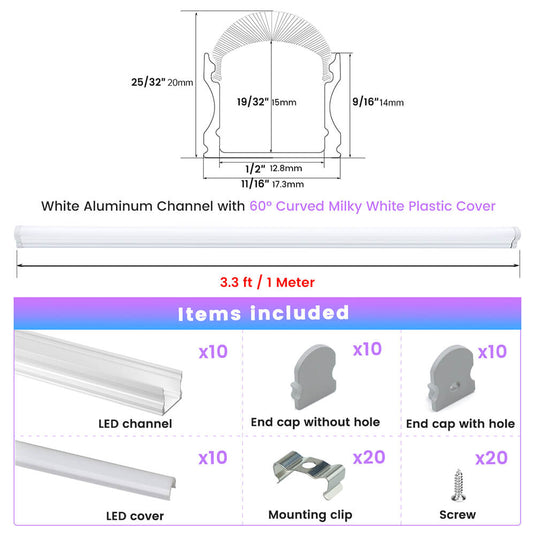 Muzata 17x20mm U-Shape Spotless White LED Aluminum Channel System with 60° Curved Thicker Milky White Neon Effect Cover Diffuser U108 HW