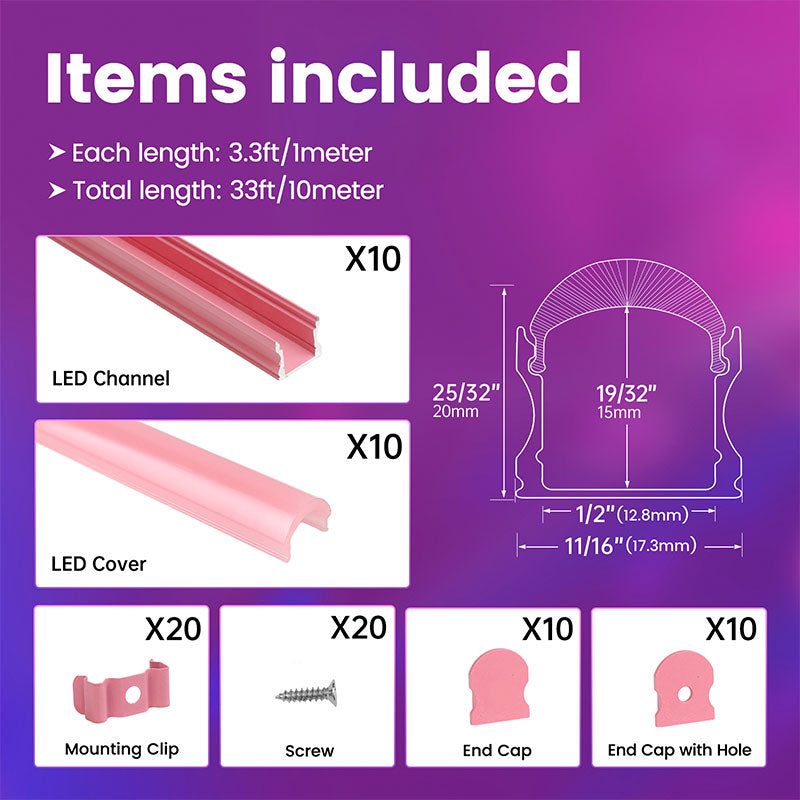 Load image into Gallery viewer, Muzata 10Pack 3.3FT/1Meter Spotless Neon Effect Pink LED Channel System with Thicker Cover Diffuser U108 PP
