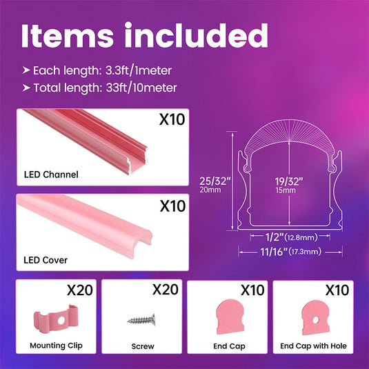 Muzata 10Pack 3.3FT/1Meter Spotless Neon Effect Pink LED Channel System with Thicker Cover Diffuser U108 PP