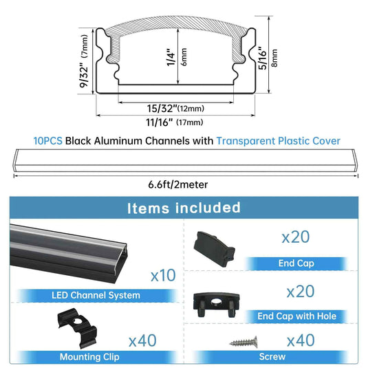 Muzata Black Aluminum LED Channel System with Crystal Transparent Clear Cover Lens for Strip Tape Light U1SW BT LU1