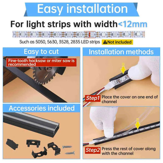 Muzata Black Aluminum LED Channel System with Crystal Transparent Clear Cover Lens for Strip Tape Light U1SW BT LU1