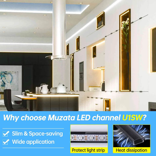 Muzata Black Aluminum LED Channel System with Crystal Transparent Clear Cover Lens for Strip Tape Light U1SW BT LU1