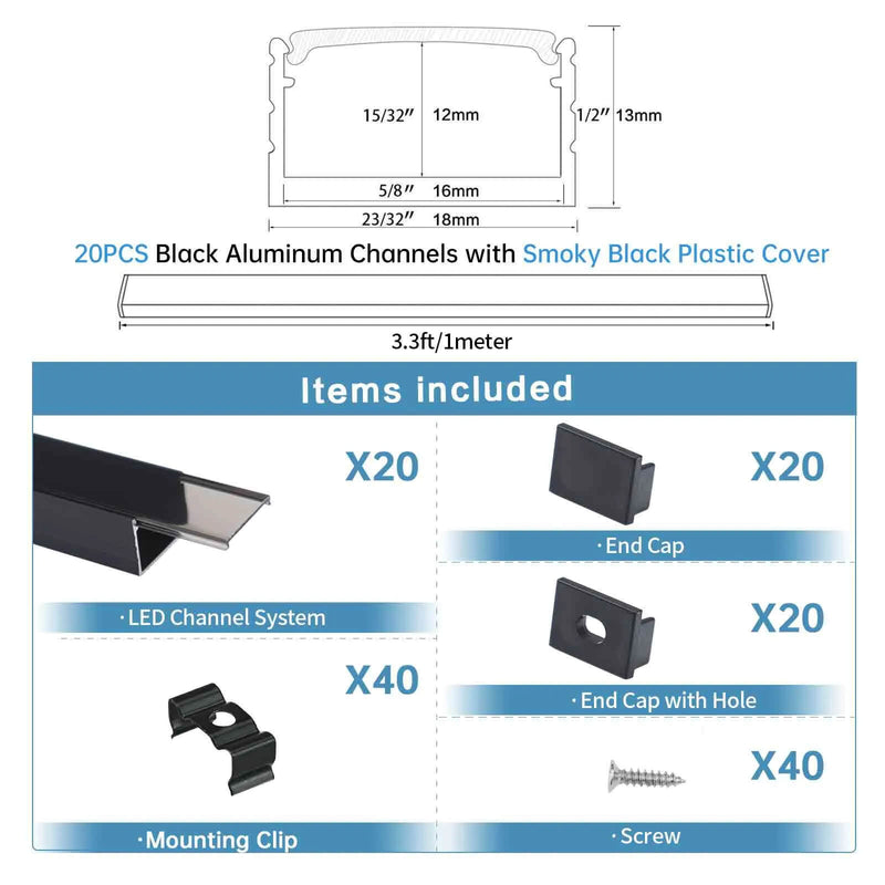 Load image into Gallery viewer, Muzata 3.3FT/1M Plus-Size Black LED Strip Channel 18x13mm Smoky Black Cover U103 BB
