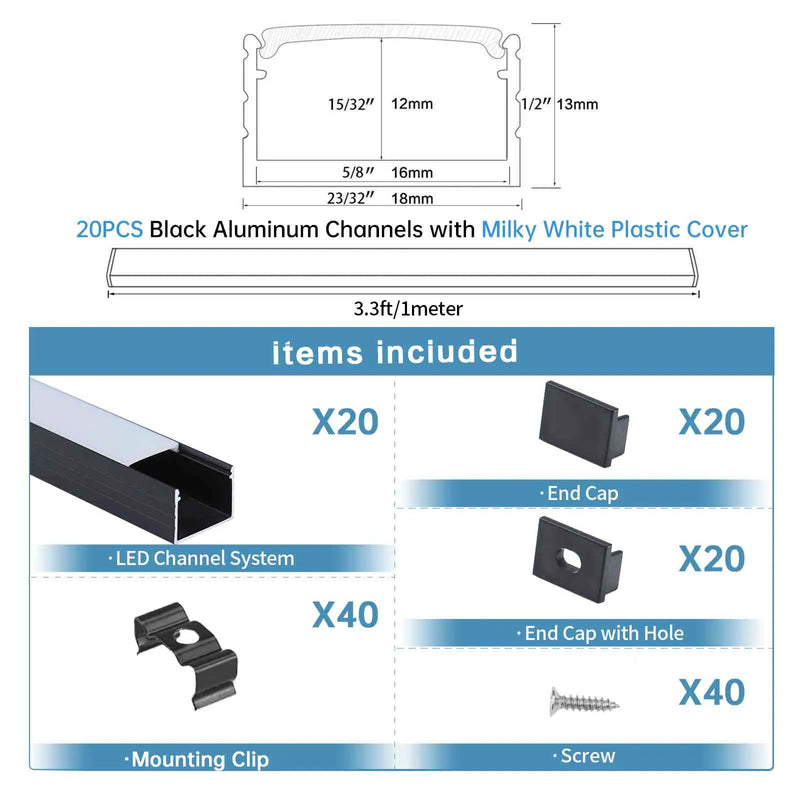 Load image into Gallery viewer, Muzata 3.3FT/1M Plus-Size Black LED Strip Channel 18x13mm Milky Frosted White Diffuser Cover U103 BW
