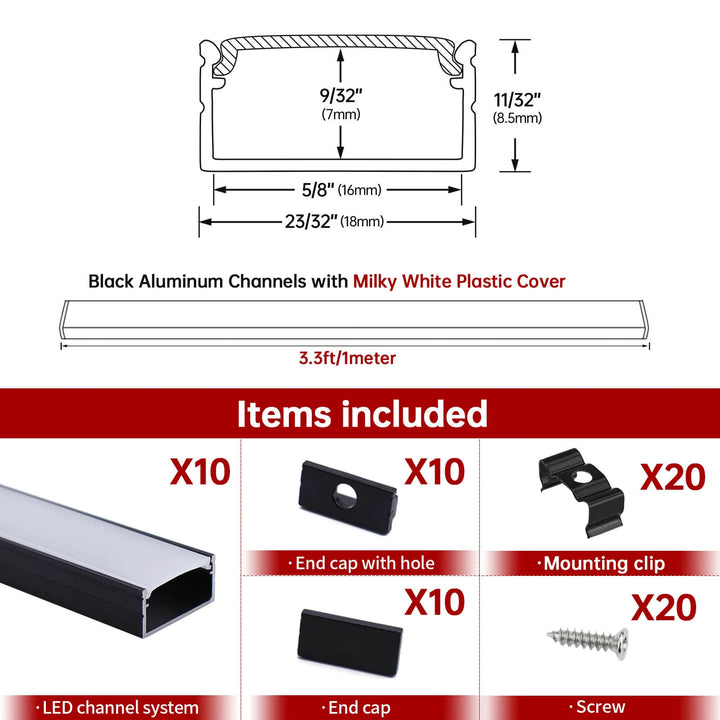 Black Wide Aluminum LED Channel with Milky White LED Strip Cover U102 ...