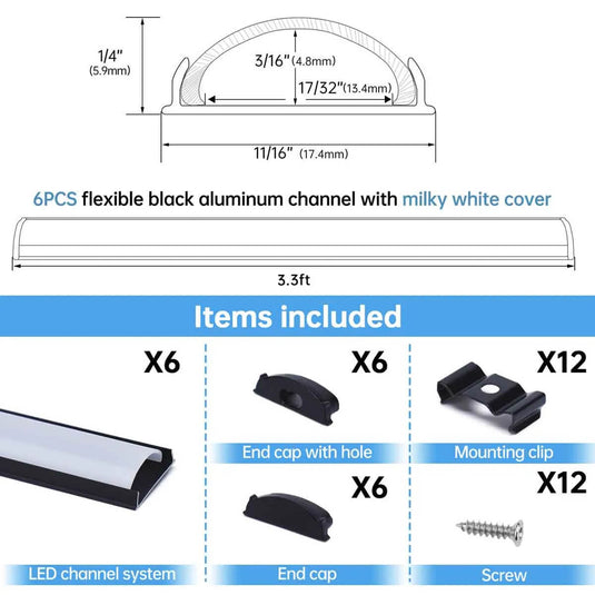 Muzata 3.3FT/1M Flexible Black LED Channel with Milky White LED  Diffuser Cover Bendable Aluminum Track U106 BW