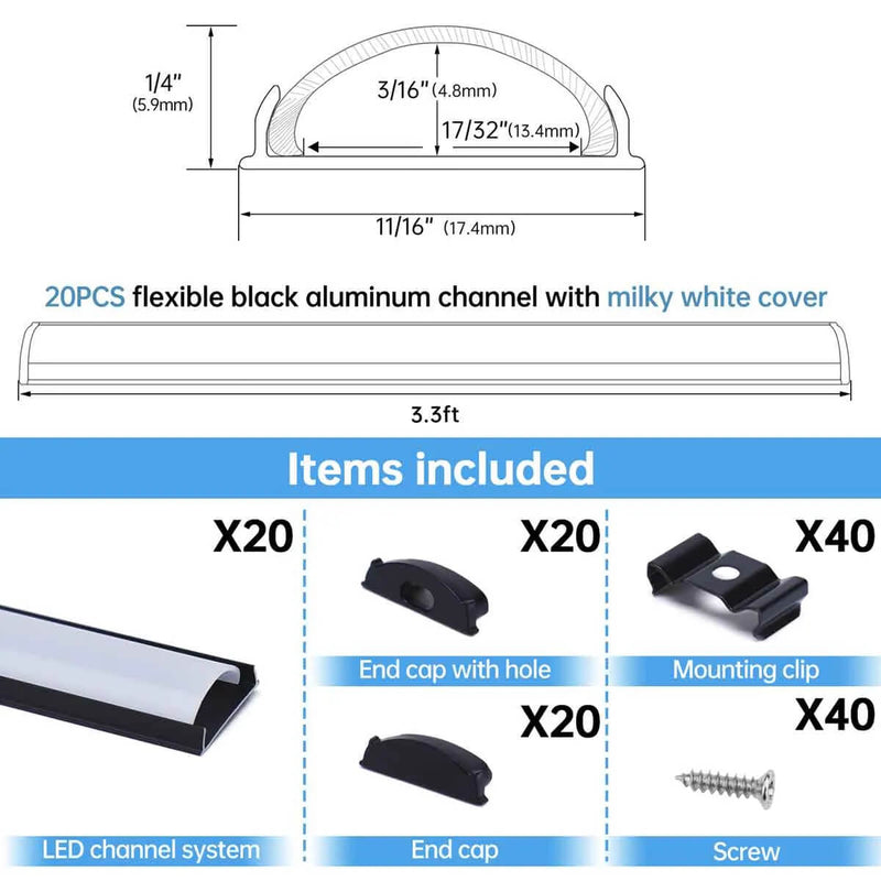 Load image into Gallery viewer, Muzata 3.3FT/1M Flexible Black LED Channel with Milky White LED  Diffuser Cover Bendable Aluminum Track U106 BW
